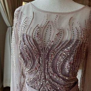 Pink and Silver Embellished Long Sleeve Gown for Prom
